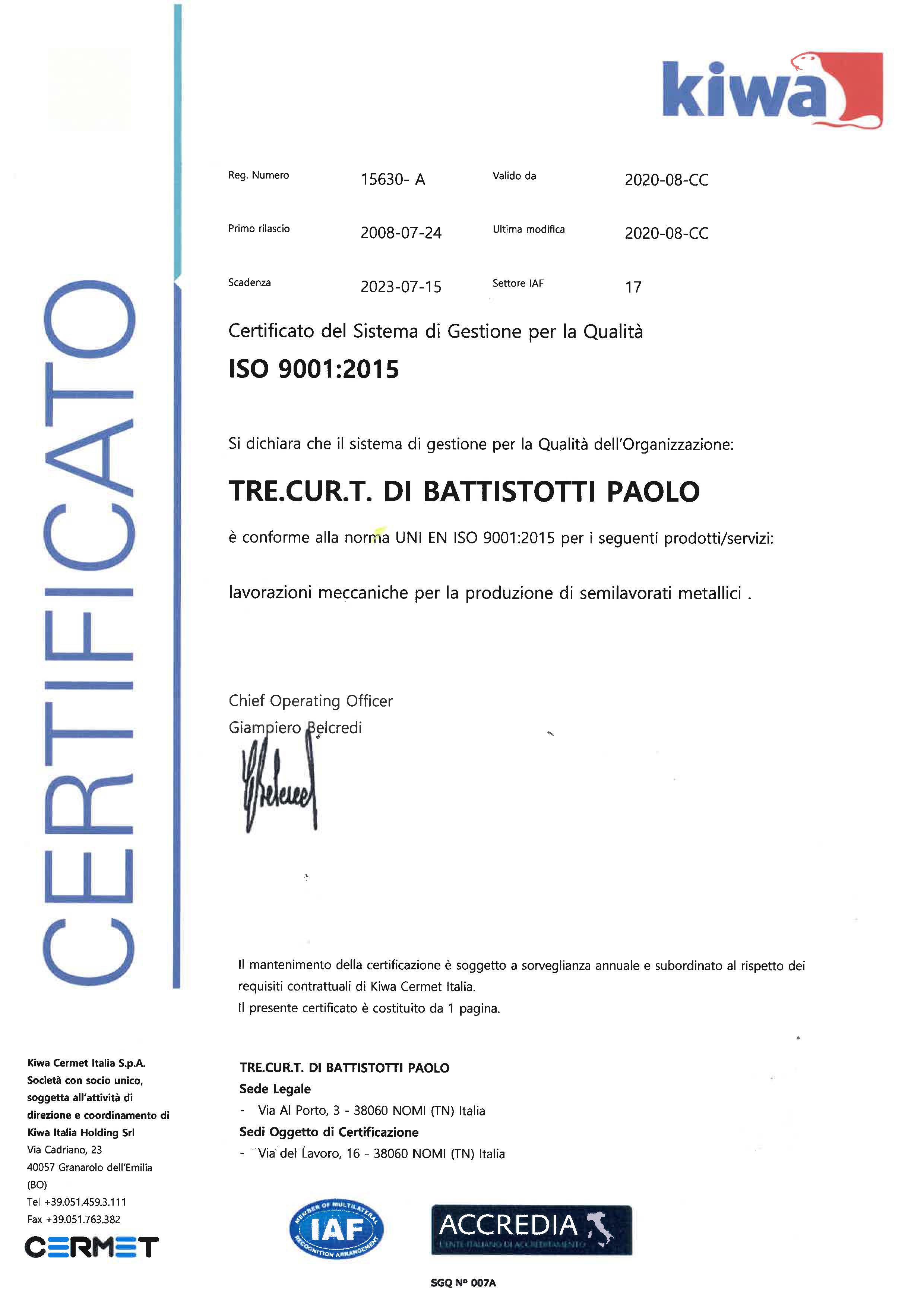 Certificato ISO 9001:2015